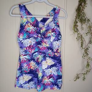 Zinni By Garnet Hill Floral Tropical Twist Swing Top Yoga Stretchy L